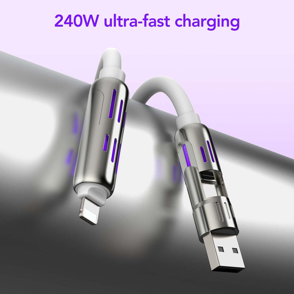 MFish 4-in-1 USB Charging Cable with Carrying Case, 240W Fast Charger Cord, USB-A & Dual USB-C to USB-C/Lightning, for iPhone 17/16/15/14, iPad, MacBook & More(Black, 3.3FT)