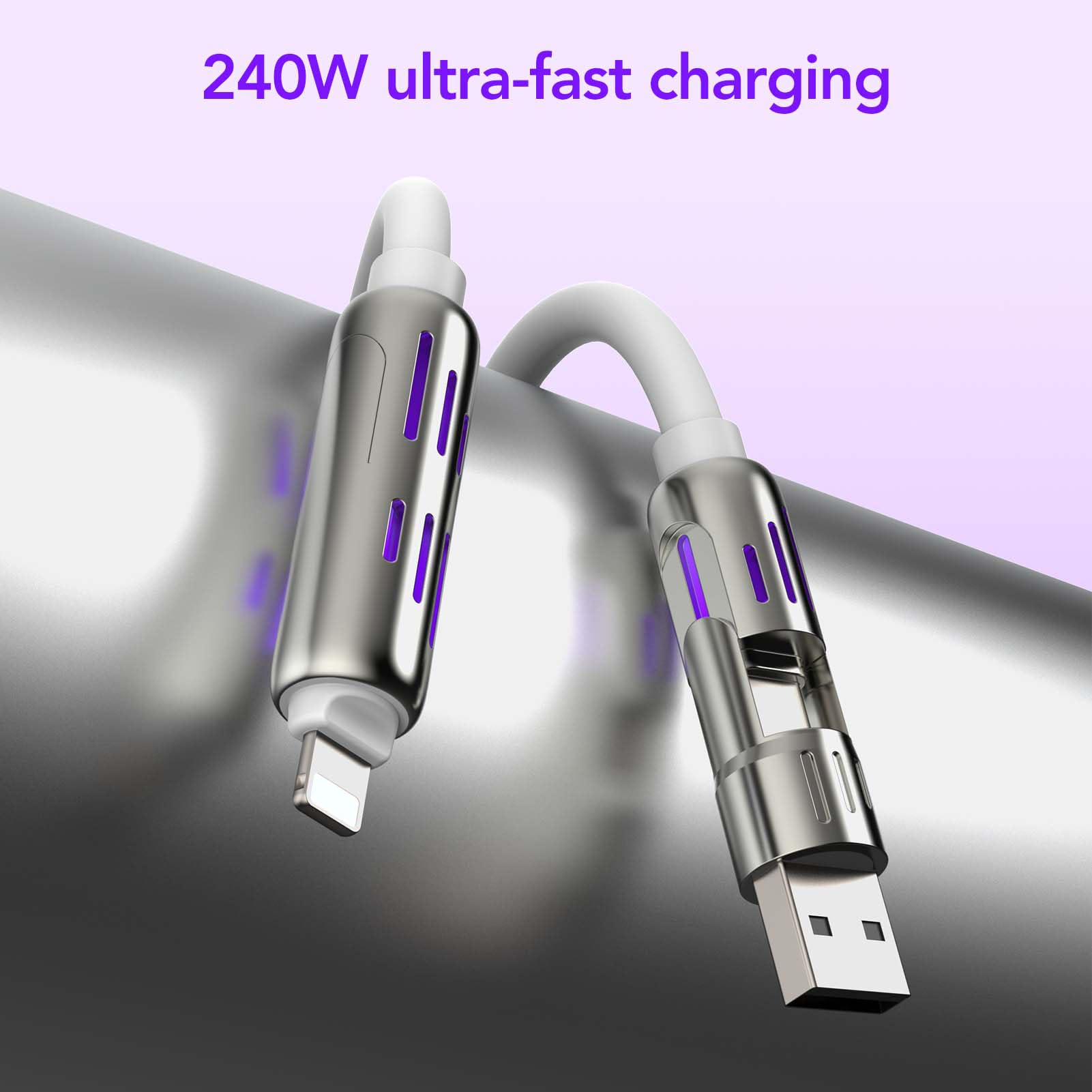 MFish 4-in-1 USB Charging Cable with Carrying Case, 240W Fast Charger Cord, USB-A & Dual USB-C to USB-C/Lightning, for iPhone 17/16/15/14, iPad, MacBook & More(Black, 3.3FT)