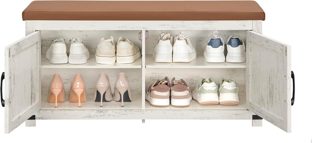 Hzuaneri Shoe Storage Bench, 2 Tier Shoe Bench with Padded Seat Cushion & 2 Barn Doors, Entryway Bench with Adjustable Shelf, Farmhouse Shoe Cabinet for Living Room, Bedroom, Antique White SB26214KA