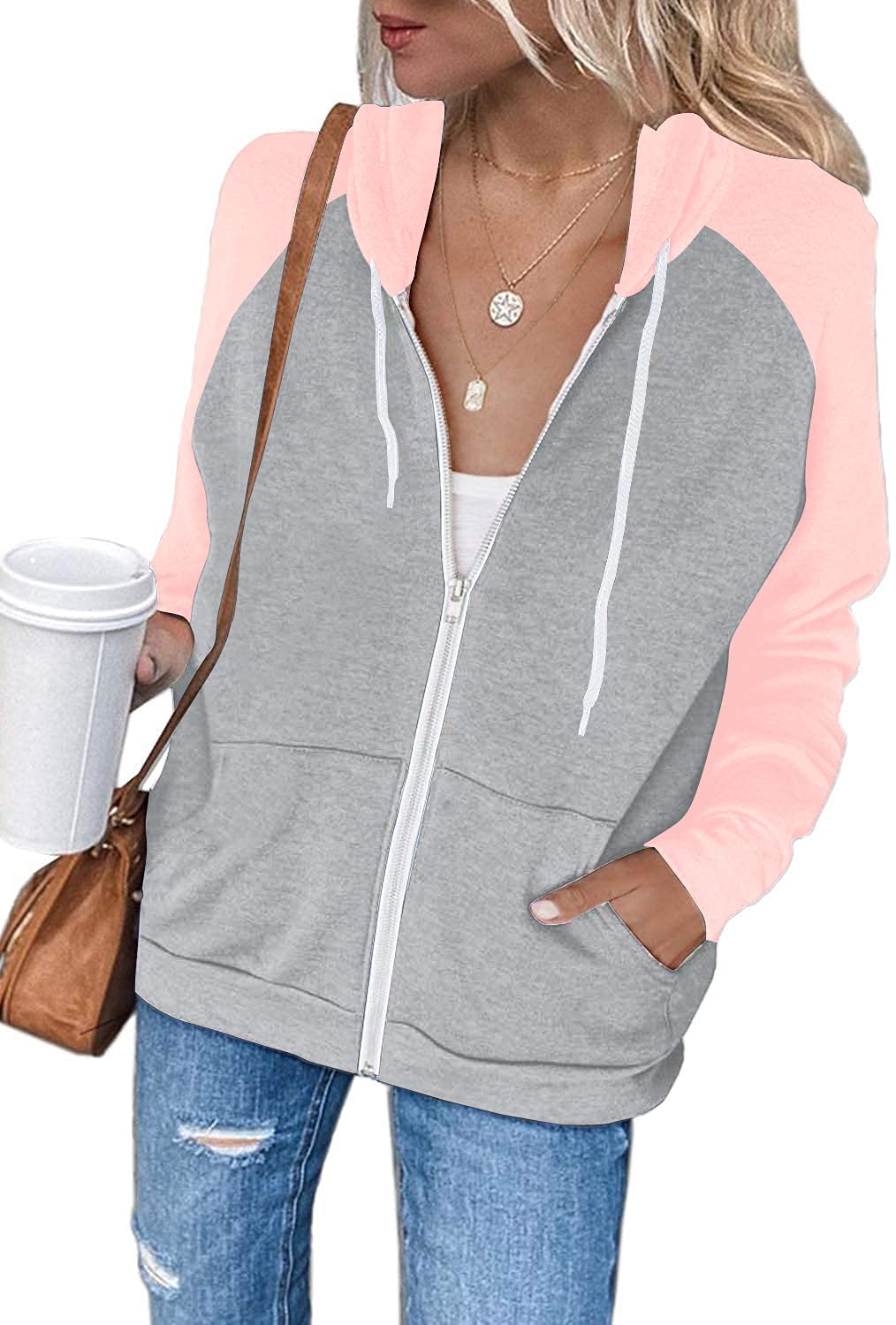 EZBELLE Women's Color Block Zip Up Hoodie Sweatshirt Casual Long Sleeve Jacket Sweater with Pockets