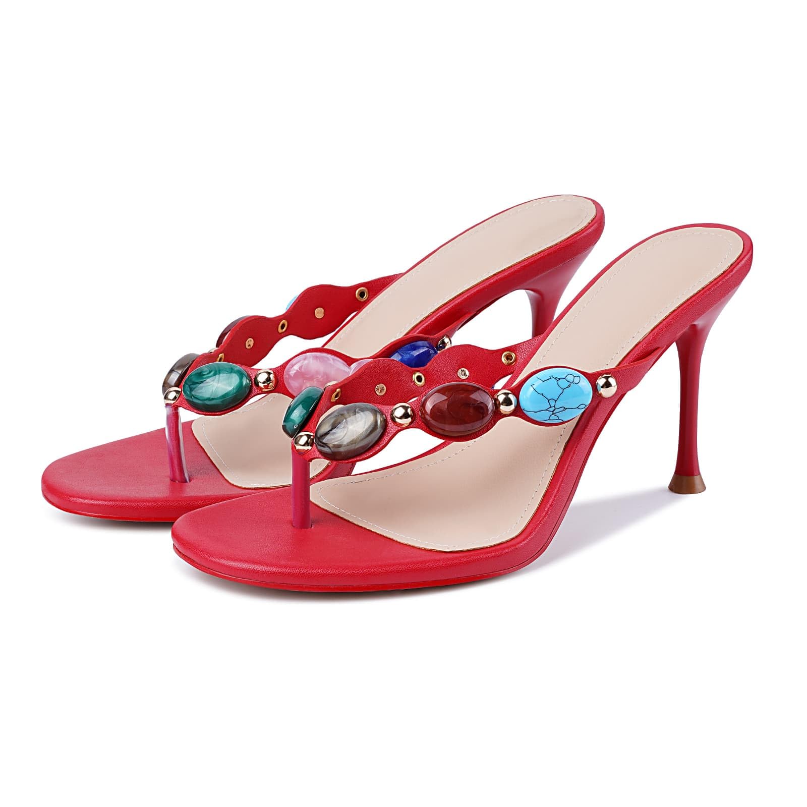 DREAMSTORY Women's Jeweled Thong Strappy Heels Sandals Comfortable Round toe High Heel Dressy Summer Sandals for Wedding Party Beach Flip Flops Slip On Casual Shoes Wear