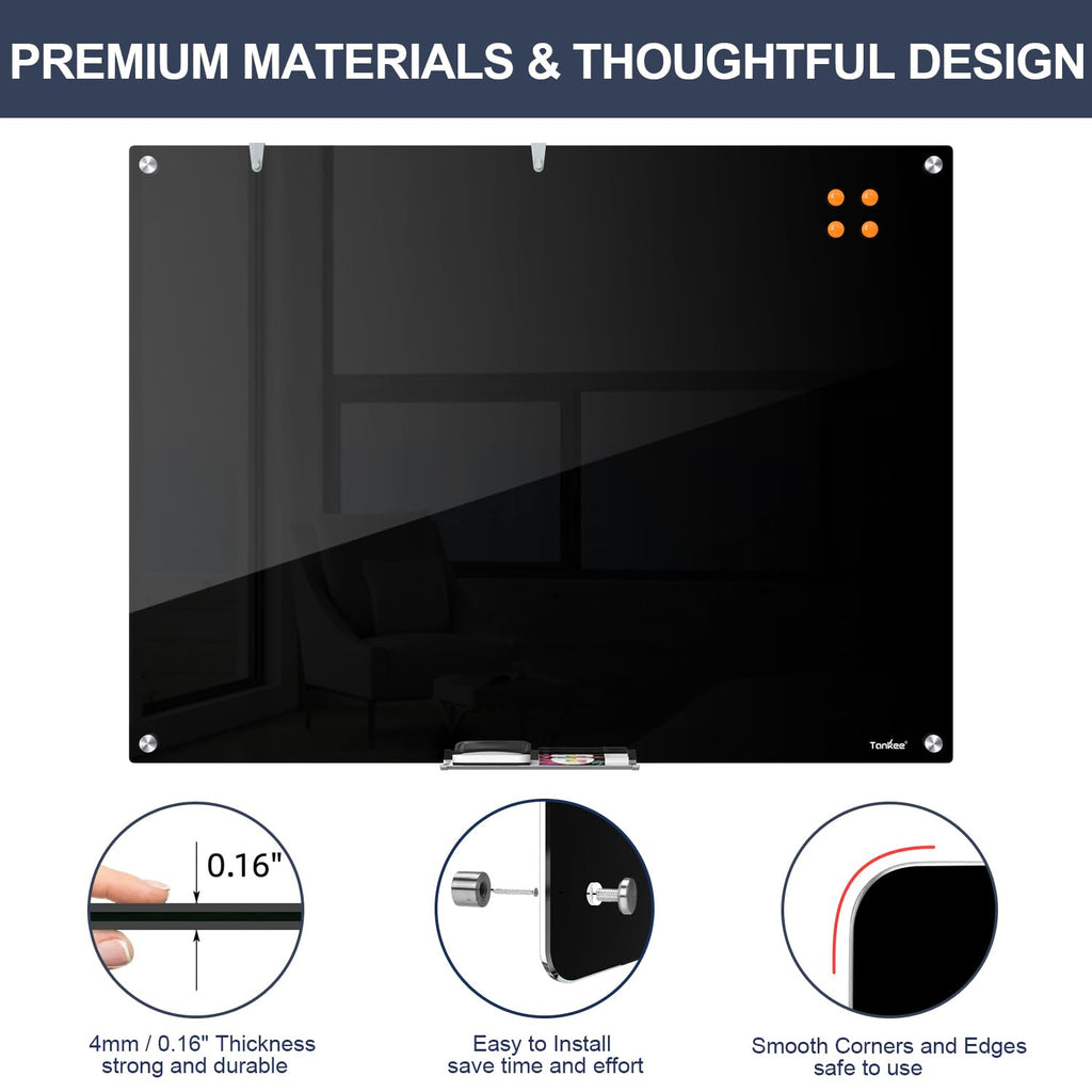 Dry Erase Board Black Magnetic Glass Whiteboard, TANKEE Modern Large Frameless Tempered Glass White Board for Wall, Office, School, Home, 36” x 24”, 3' x 2' White Board