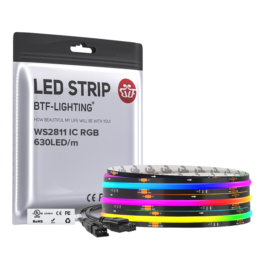 BTF-LIGHTING WS2811 Smart IC RGB FCOB COB LED Strip, UL Listed 630LEDs/m High Density Color Chasing Uniform Light, DC12V 12FT 10mm Width Tape Light for Home Party DIY Decor(No Adapter or Controller)