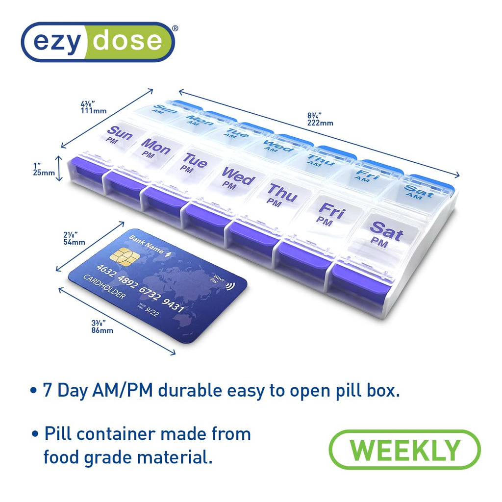 EZY DOSE Push Button (7-Day) Pill Case, Medicine Planner, Vitamin Organizer, 2 Times a Day, AM/PM Container, X-Large Compartments, Arthritis Friendly, Easy to Use, Transparent Lids, Black, BPA Free