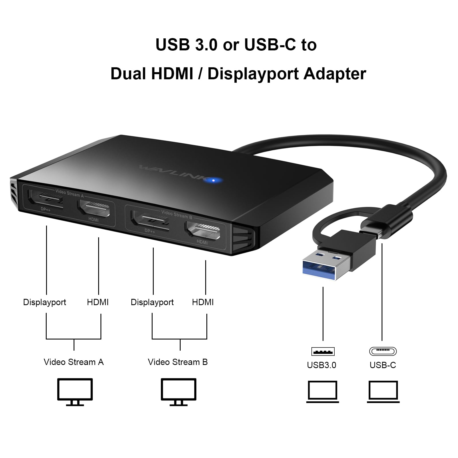 WAVLINK USB C or USB 3.0 to Dual HDMI/DisplayPort Adapter, Displaylink Monitor Splitter Extended Display for Dual Monitor 4K@60Hz, HDMI/DP Splitter Compatible with Mac M1-M5/Neo,Window Laptop-Black
