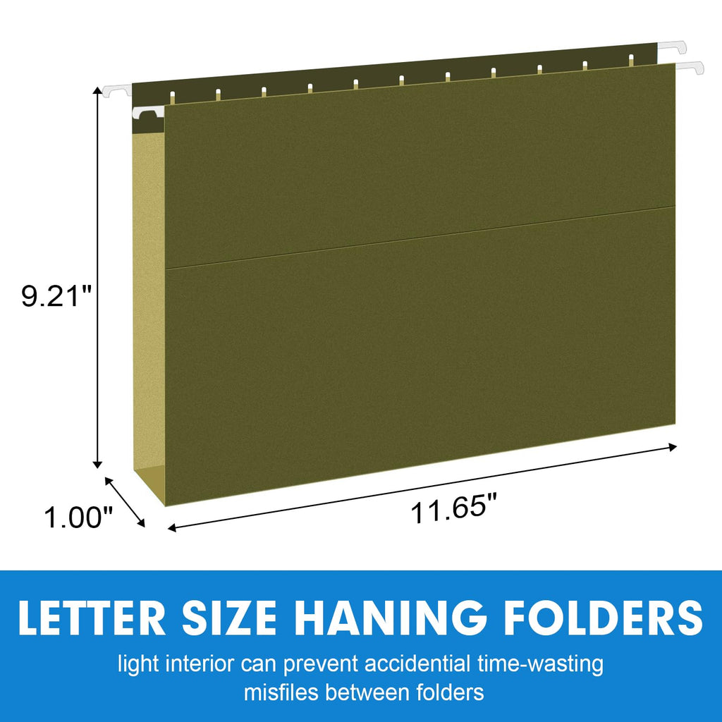 Extra Capacity Hanging File Folders, RAZCC 60 Pack Letter Size Reinforced Hanging Folders with Heavy Duty 1 Inch Expansion for Bulky Files, Filing Cabinet, Adjustable Tabs, Green