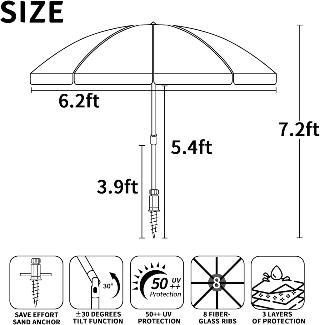 Deluwire 7ft Heavy Duty High Wind Beach Umbrella Parasols with sand anchor & Tilt Sun Shelter, UV 50+ Protection Outdoor Sunshade Umbrellas Carry Bag for Patio Garden Pool Backyard Stripe Blue insert completely into the sand