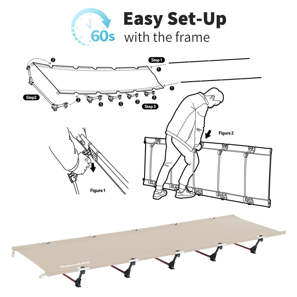 Naturehike Ultralight Camping Cot, Easy to Assemble Folding Tent Cot, Compact & Protable Camping Bed for Camping, Mountaineering, & Hiking, Supports 330lbs with Carry Bag, Kahki