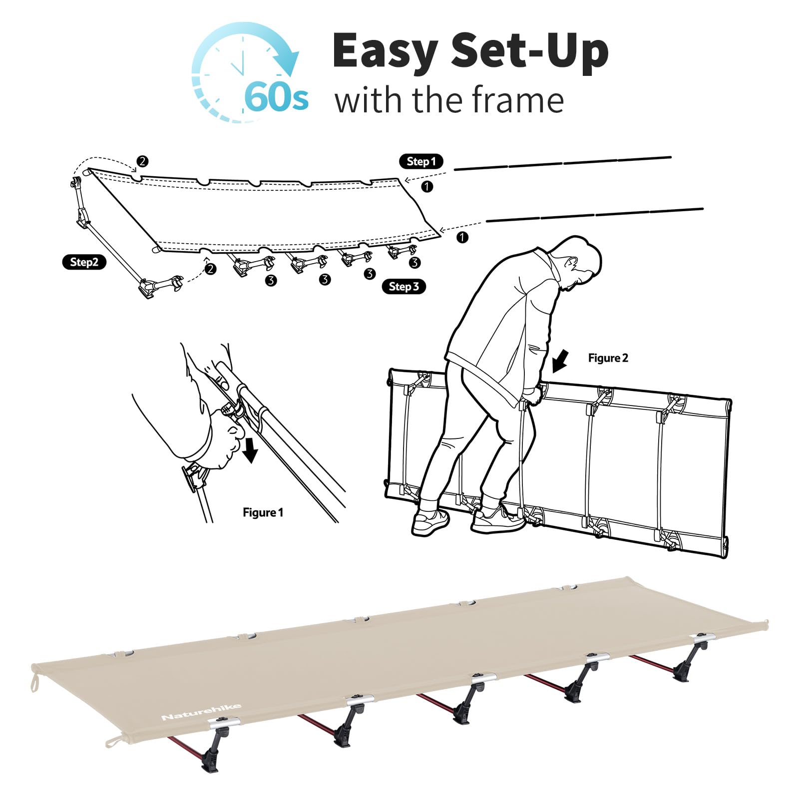 Naturehike Ultralight Camping Cot, Easy to Assemble Folding Tent Cot, Compact & Protable Camping Bed for Camping, Mountaineering, & Hiking, Supports 330lbs with Carry Bag, Kahki