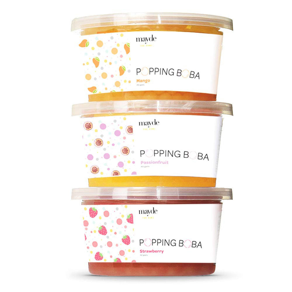 Mayde Popping Boba Pearls Variety Pack, Boba Popping Pearls, Bursting Balls Party Kit, Strawberry, Mango, Passion Fruit, 490 gms, 3 Pack