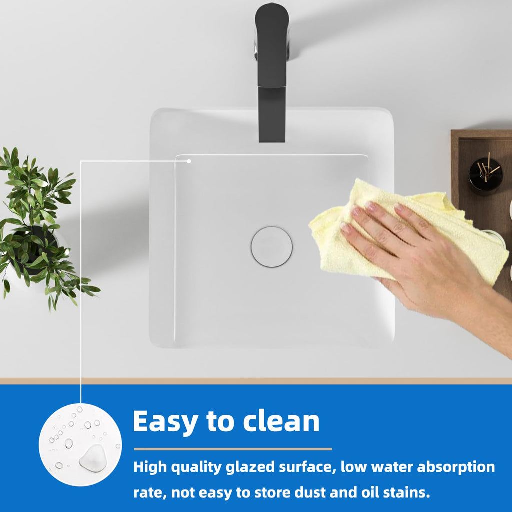 KINGWONG 14 Inch Small Square Undermount Bathroom Sink, 13.75" Ceramic White Porcelain Under Counter Basin for Vanity, Modern Rectangular Sink with Overflow Hole, Easy to Clean, Interior 11.5" x 11.5"