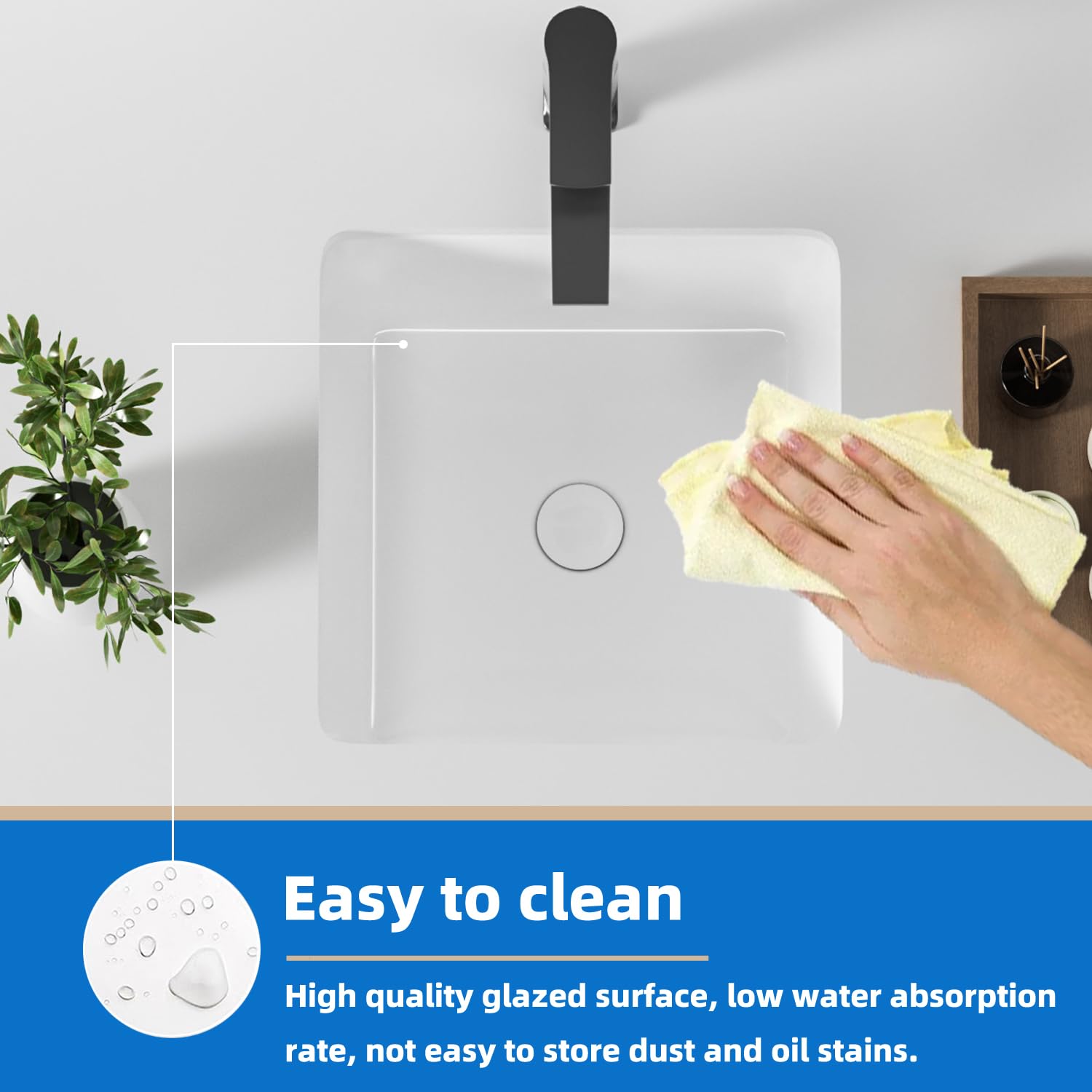 KINGWONG 14 Inch Small Square Undermount Bathroom Sink, 13.75" Ceramic White Porcelain Under Counter Basin for Vanity, Modern Rectangular Sink with Overflow Hole, Easy to Clean, Interior 11.5" x 11.5"