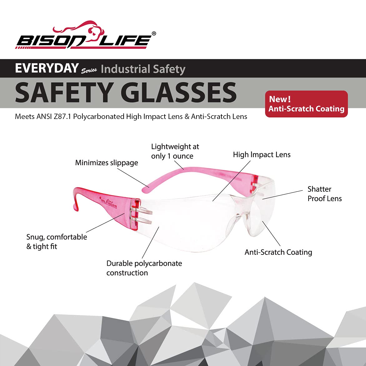 BISON LIFE Clear Safety Glasses – ANSI Z87.1 Certified Scratch & Impact Resistant Eye Protection Goggles for Men & Women