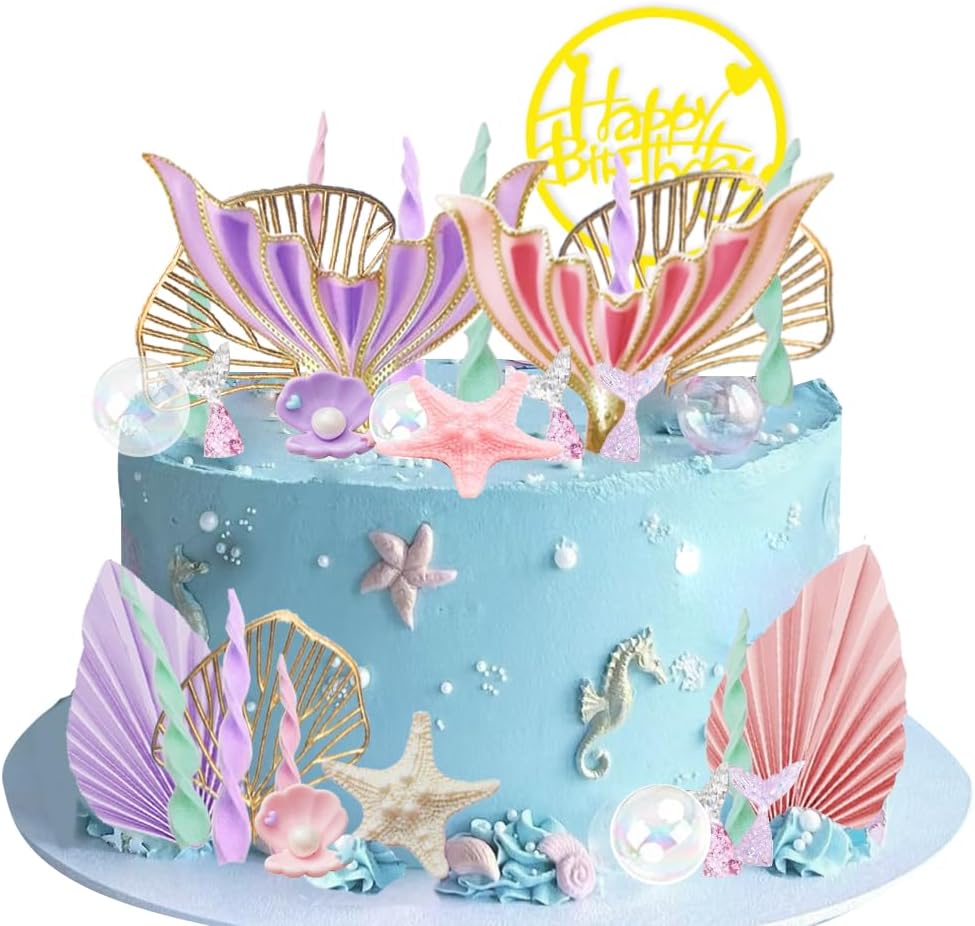 Mermaid Cake Topper for Mermaid Under the sea Cake Decor | Big Mermaid Tails Seaweed Bubbles Shells and Golden Ginkgo Leaves Cake Set
