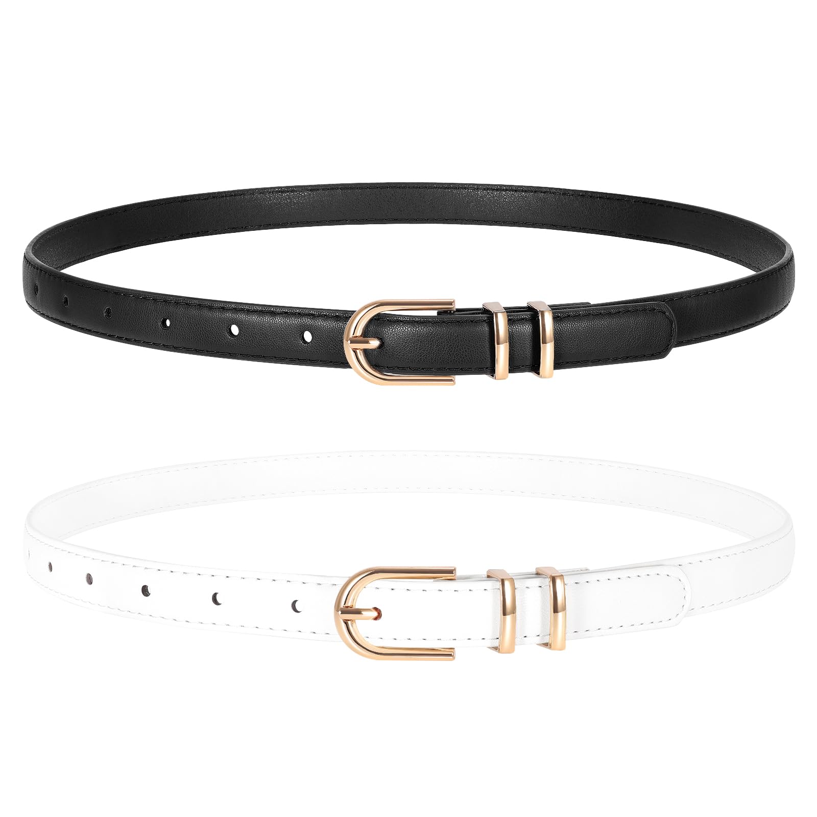 TRIWORKS 2 Pack Women Skinny Leather Belts for Jeans Pants Thin Faux Leather Belt with Gold Buckle