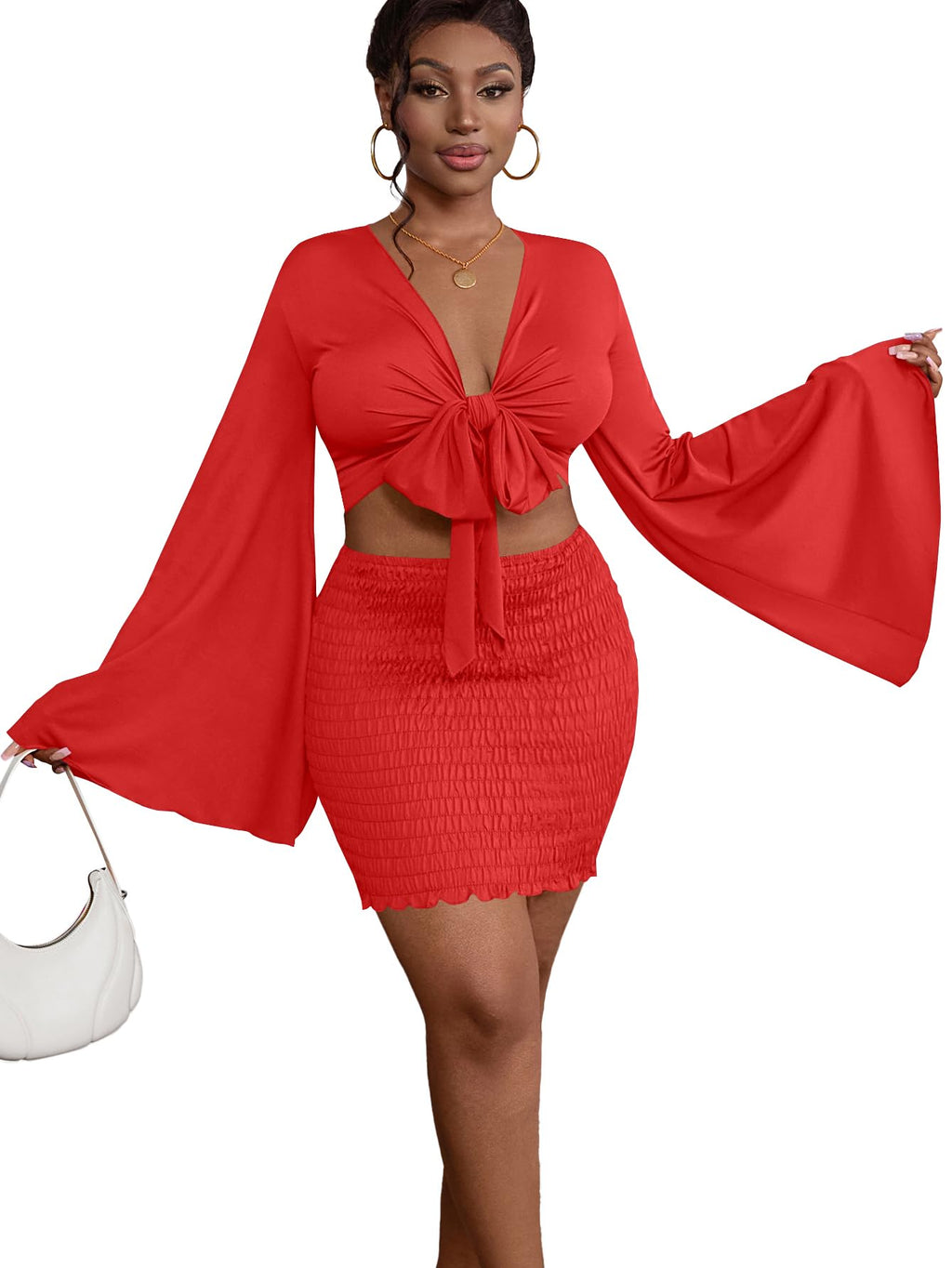 LYANER Women 2 Piece Vacation Outfits Tie Knot Front Bell Long Sleeve Crop Top and Mini Skirt Summer Set