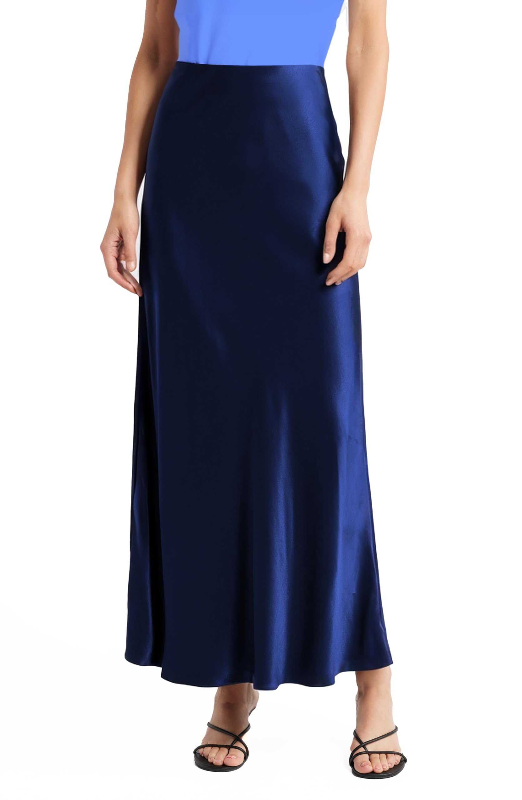 Women's Solid Satin High Waist Midi Long Skirt Hidden Elastic Waistband Skirt for Women-Made in USA