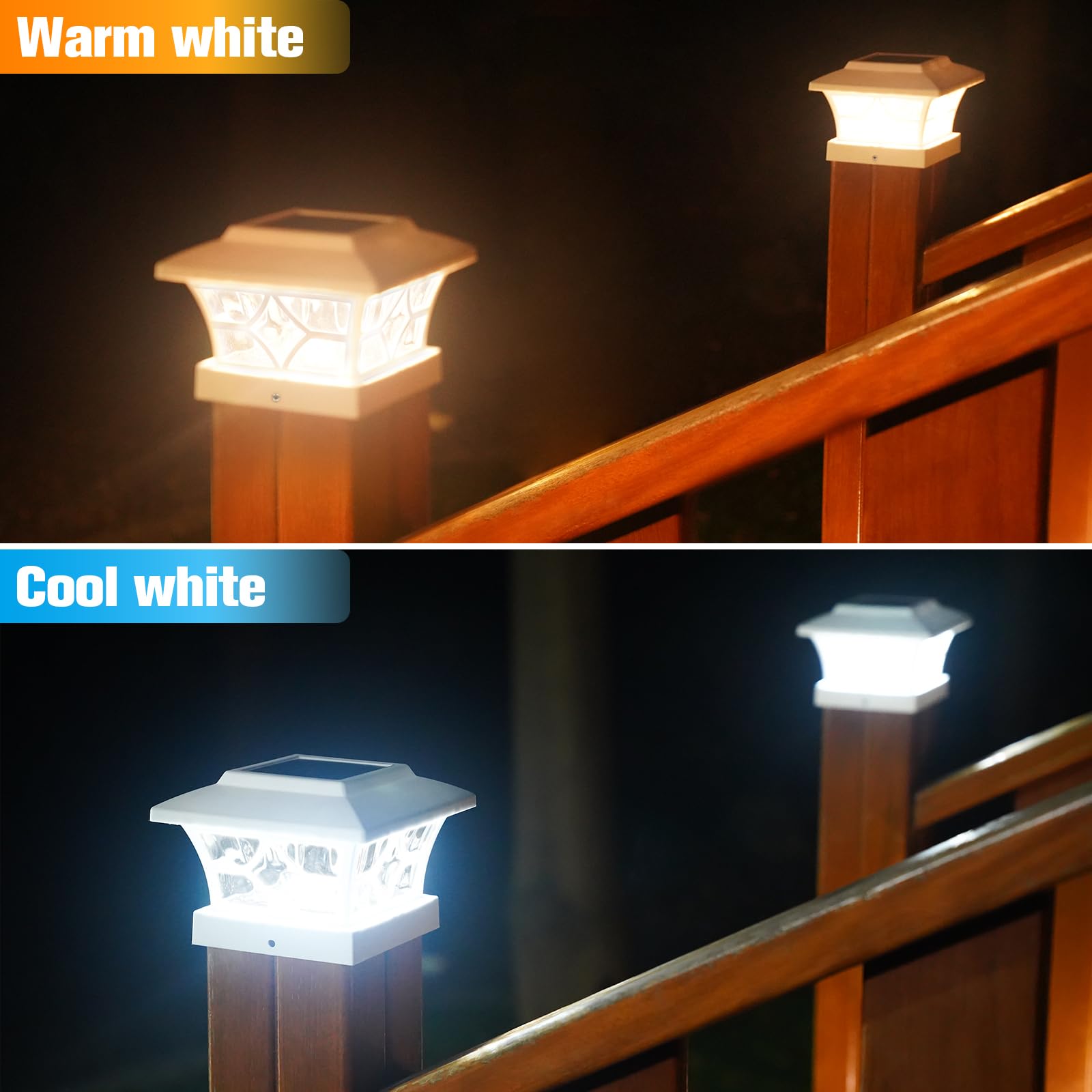VOLISUN Solar Post Cap Lights Outdoor, Solar Powered Fence Cap Lights for 4x4 Vinyl/Wood, Black Waterproof Solar Deck Post Light 4Pack Cool/Warm for Garden Patio Porch