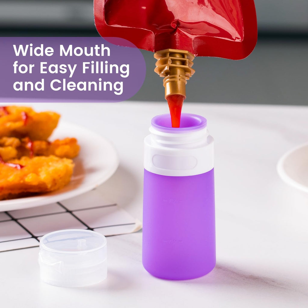 MICEBAY Condiment Squeeze Bottles for Sauces, 1-oz Mini Silicone Salad Dressing Container to Go with Snack Storage Bag, Leakproof Sauce Bottles for Lunch Box, 4 Pack, Blue