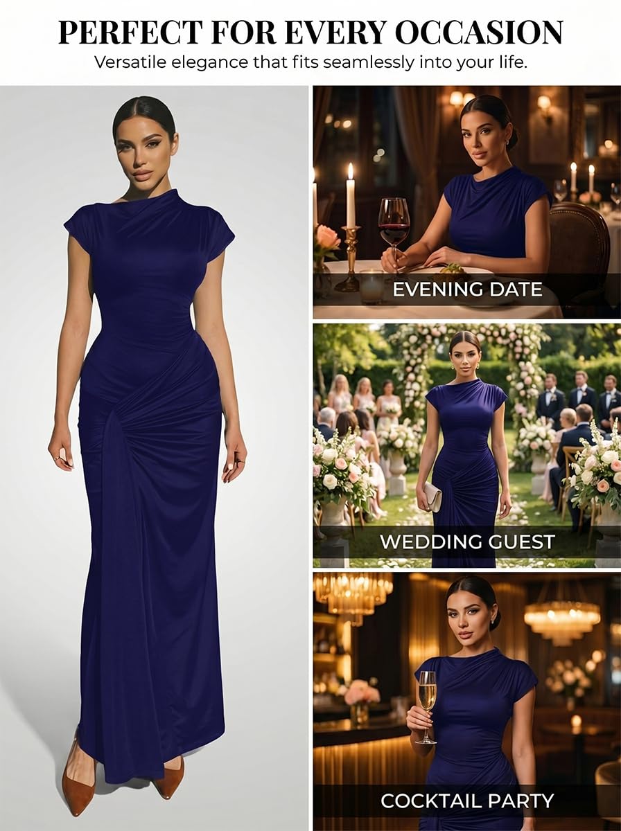 Mojessy Women Bodycon Maxi Dress Sexy Mock Neck Lace Up Bandage Ruched Short Sleeve Long Dress Cocktail Dress