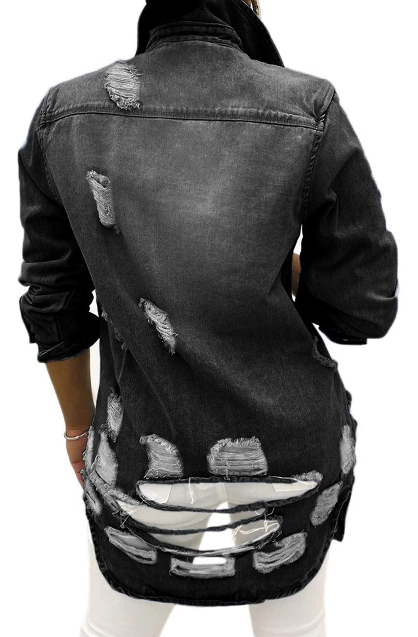 SeNight Women's Jean Jacket Long Sleeve Classic Distressed Fray Hem Tassels Denim Trucker Jackets