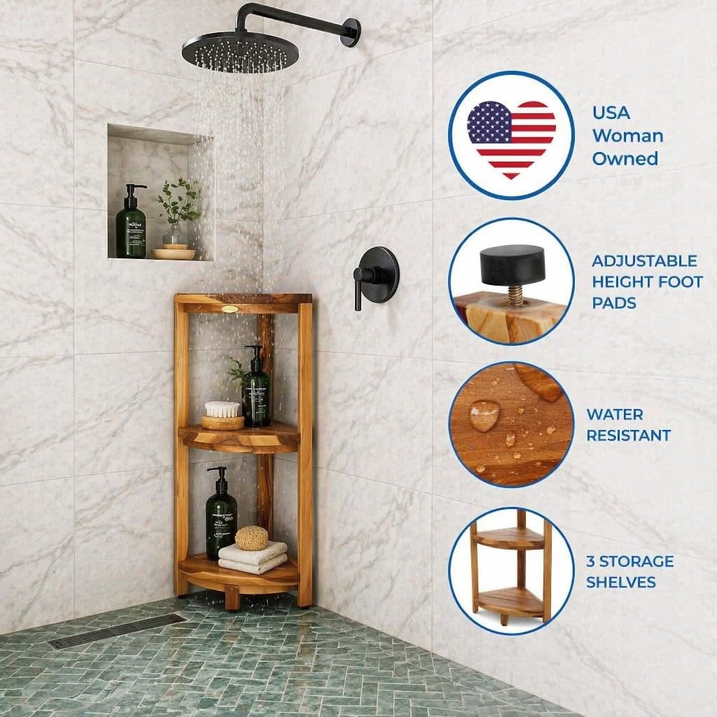 DecoTeak Teak Corner Shower Shelf – 2 Tier Waterproof Bathroom Storage Organizer Compact Wood Storage | Water-Resistant Design | Space Saver for Showers & Small Bathrooms | Shaving Foot Rest