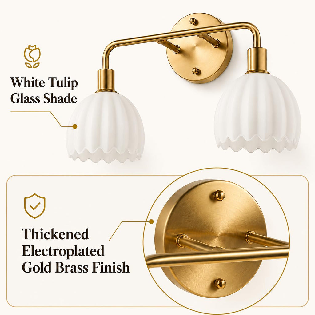 1-Light Gold Brass Bathroom Light Fixture,Wall Sconces set of 2,Brushed Gold Vanlity Light Over Mirror,Bathroom Vanity Light with White Tulip Glass Flower Shade,E26 Socket(Bulbs Not Included)