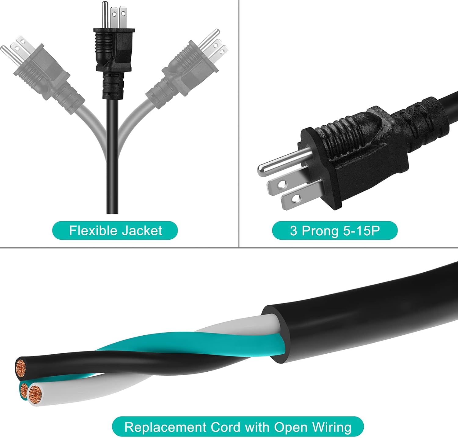 25 FT 14 AWG 3 Prong Replacement Power Cord, 15 Amp 14 Gauge 3 Conductor Wire Extension Cable with Pigtail Open Wiring End.