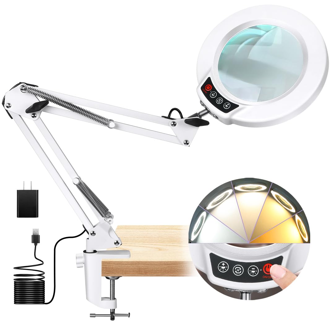 12X Magnifying Glass with Light and Stand, Real Glass, 5 Color Modes, Brightness Stepless Dimmable Lighted Magnifier Hands Free, 2-in-1 Desk Lamp & Clamp Light, Magnifier Lamp for Close Work, Reading