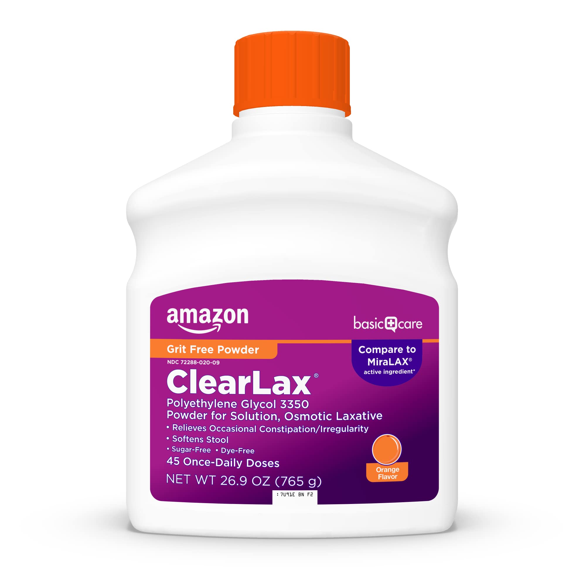 Amazon Basic Care ClearLax Polyethylene Glycol 3350 Powder for Solution, Orange Flavor, Osmotic Laxative, Stool Softener, Relieves Occasional Constipation, 8.3 ounce (Pack of 1)
