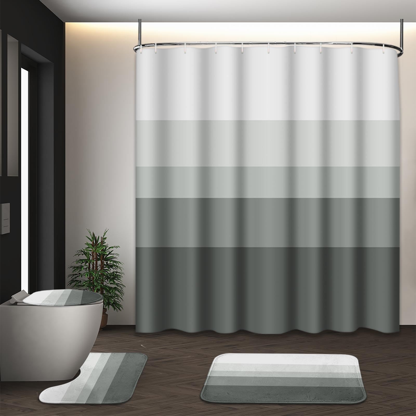Beige Geometric Shower Curtain Set with Toilet Lid Cover and Non-Slip Rugs for Bathroom, Black Grey White Checkered 4 Pcs Shower Curtain, Modern Abstract Bathroom Set with 12 Hooks