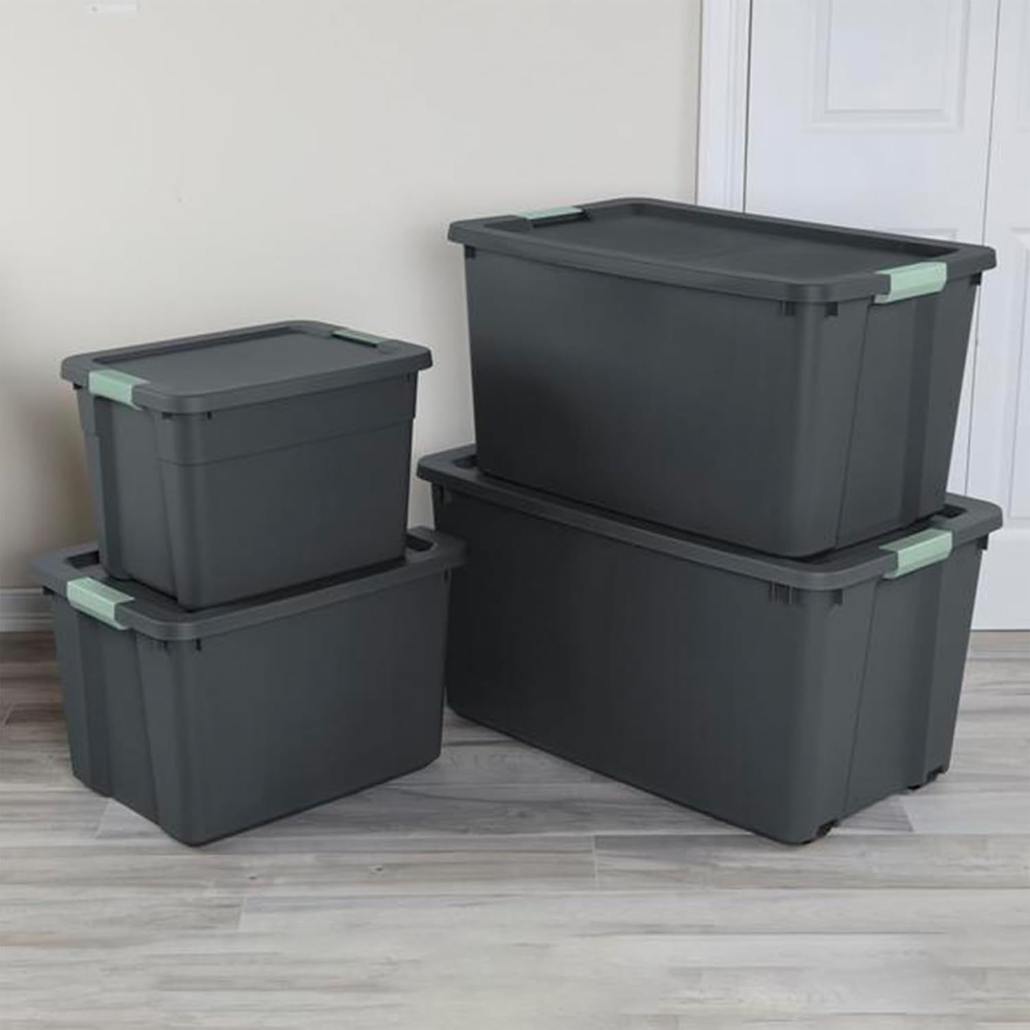 Sterilite 6-Pack Latch Tote, Stackable Plastic Storage Container Bins with Lids, 12 Gallon, Gray/Green - Latching Boxes for Bedroom, Bathroom, Garage, and Office Organization