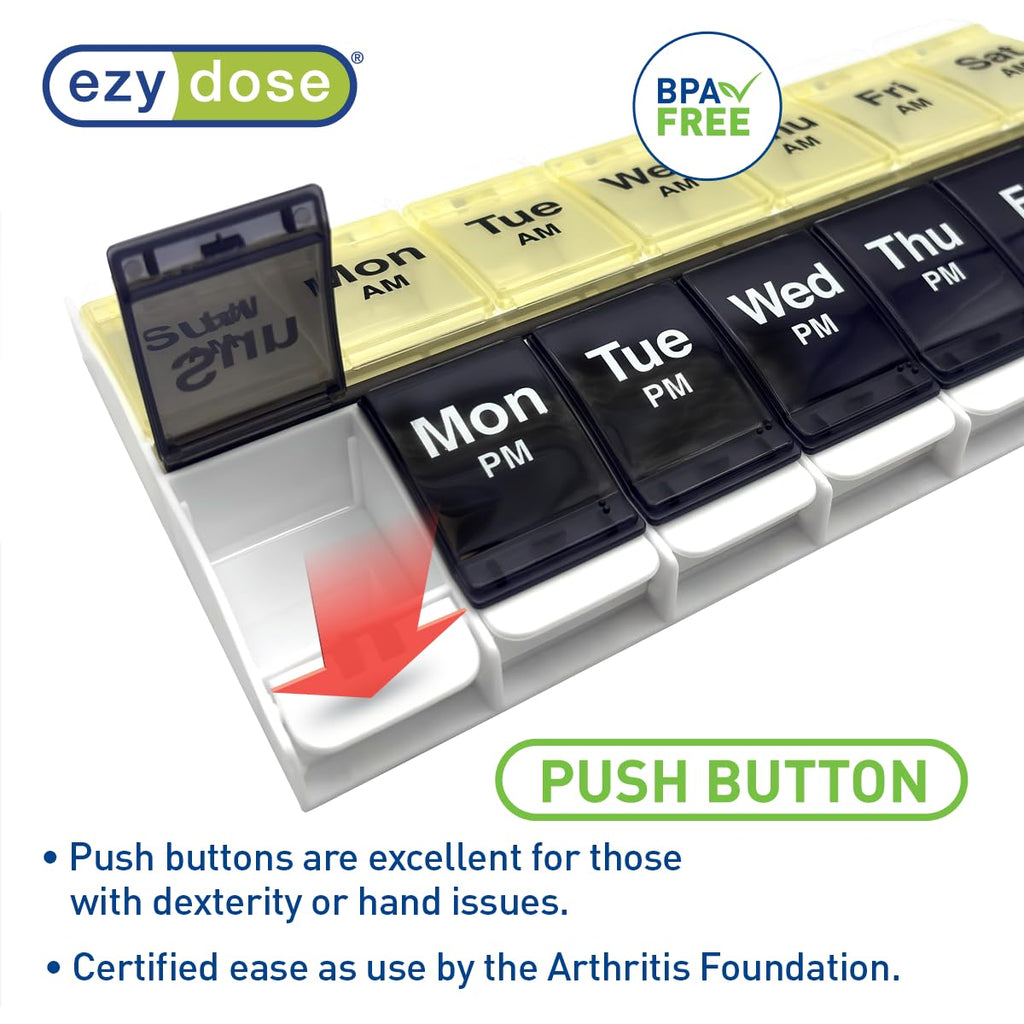 EZY DOSE Push Button (7-Day) Pill Case, Medicine Planner, Vitamin Organizer, 2 Times a Day, AM/PM Container, X-Large Compartments, Arthritis Friendly, Easy to Use, Transparent Lids, Black, BPA Free