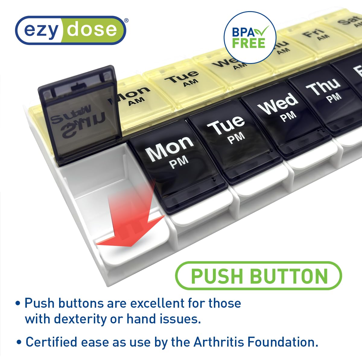 EZY DOSE Push Button (7-Day) Pill Case, Medicine Planner, Vitamin Organizer, 2 Times a Day, AM/PM Container, X-Large Compartments, Arthritis Friendly, Easy to Use, Transparent Lids, Black, BPA Free