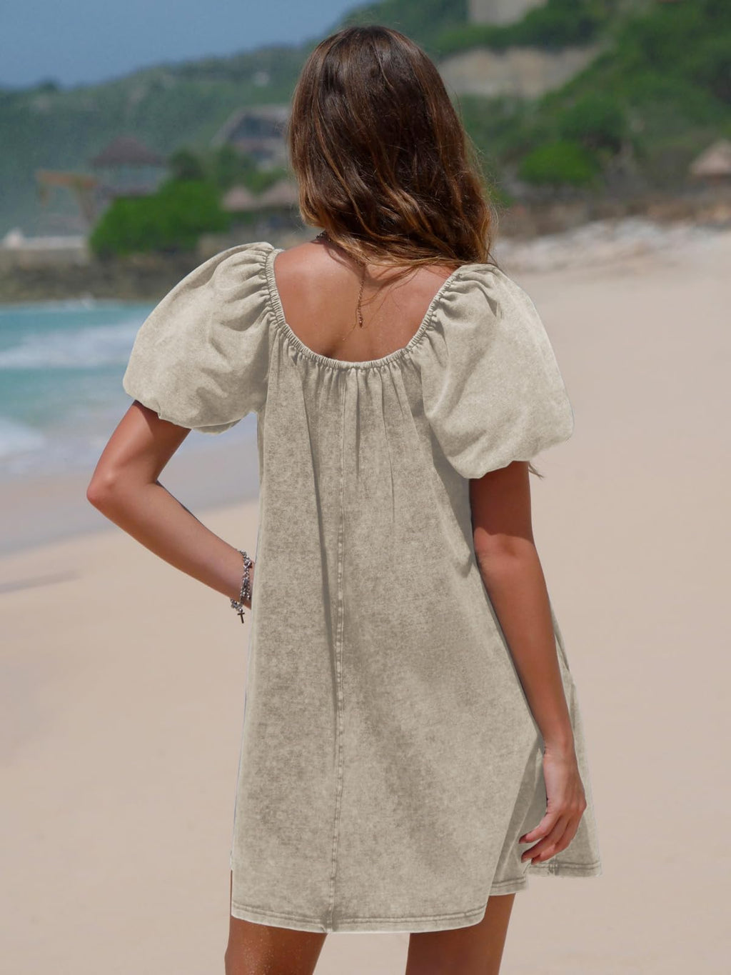 EXLURA Womens Summer Denim Short Puff Sleeve Dresses Knit Loose Plus Size Short Mini Dress 2026 Trendy Spring Outfits