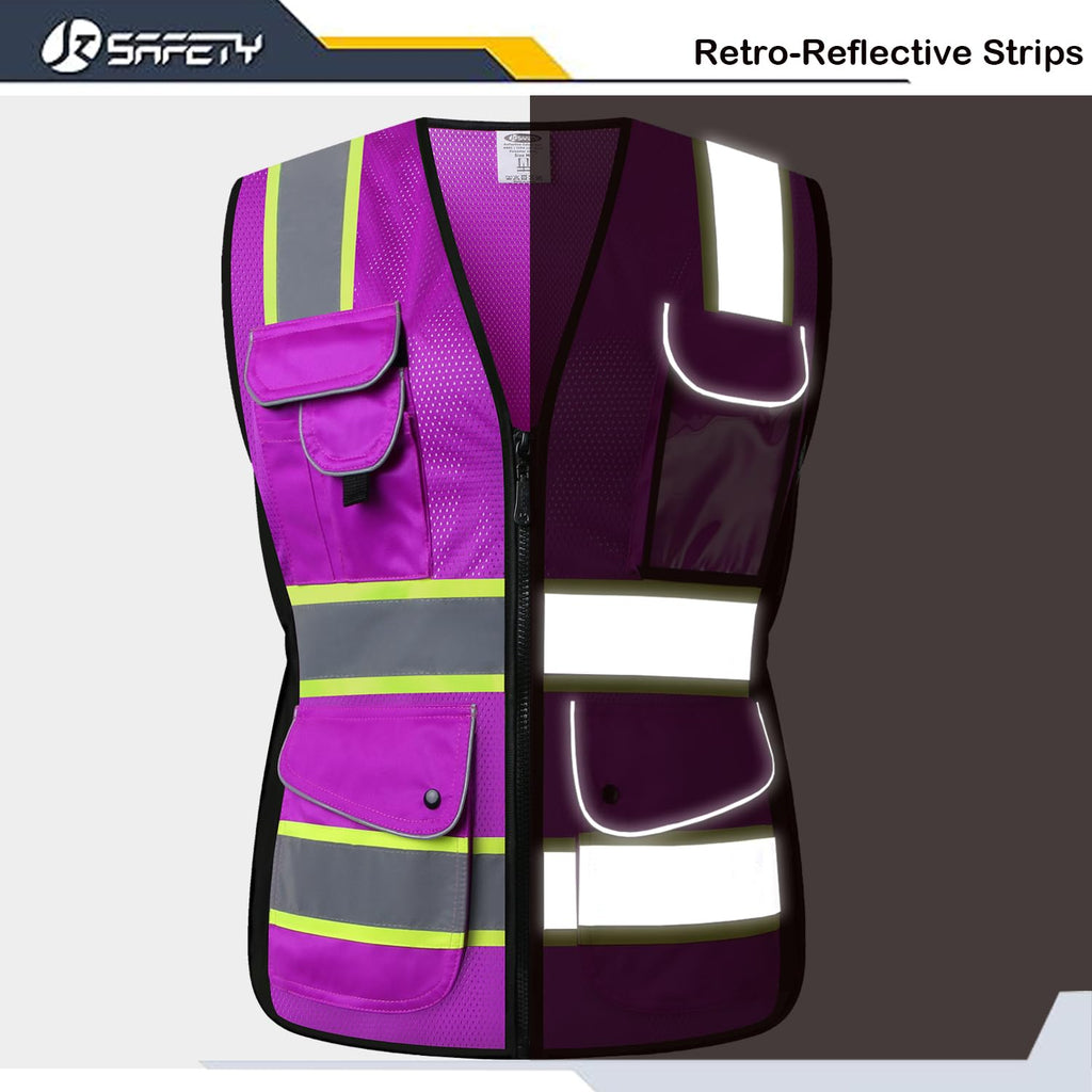 JKSafety Women Hi-Vis Reflective Safety Vest | Neon Color body Sewed Reflective Strips Breathable Lightweight ANSI Compliant