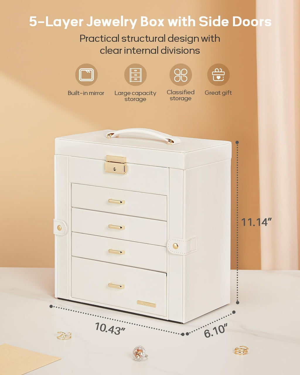 Homde Mothers Day Gifts Synthetic Leather Huge Jewelry Box Mirrored Watch Organizer Necklace Ring Earring Storage Lockable Gift Case (Black + Gold)