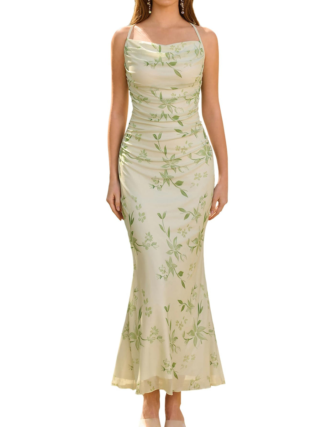URYIAO Women's Summer 2026 Floral Spaghetti Strap Maxi Dress Sleeveless Ruched Mesh Bodycon Long Wedding Guest Dresses
