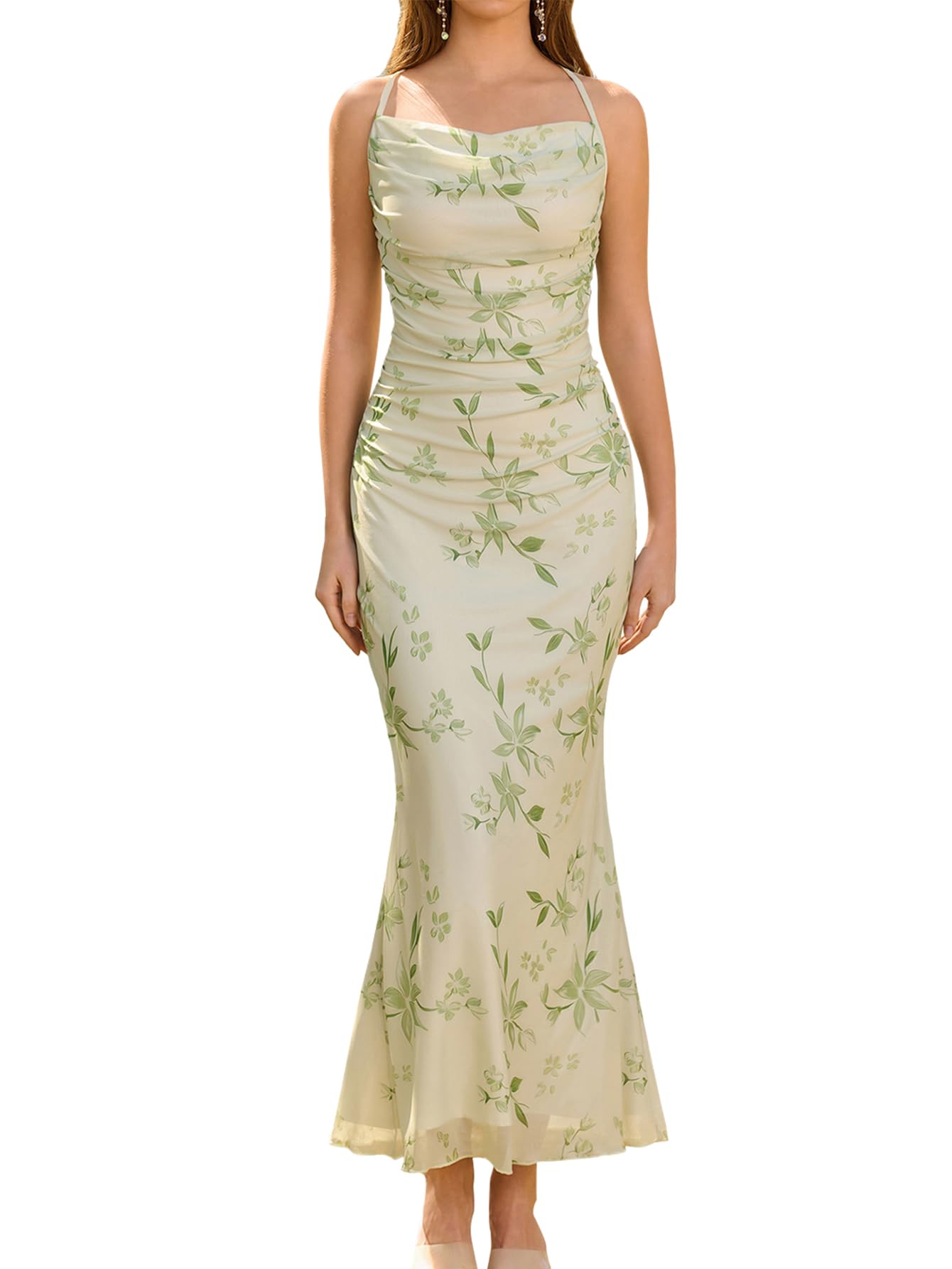 URYIAO Women's Summer 2026 Floral Spaghetti Strap Maxi Dress Sleeveless Ruched Mesh Bodycon Long Wedding Guest Dresses