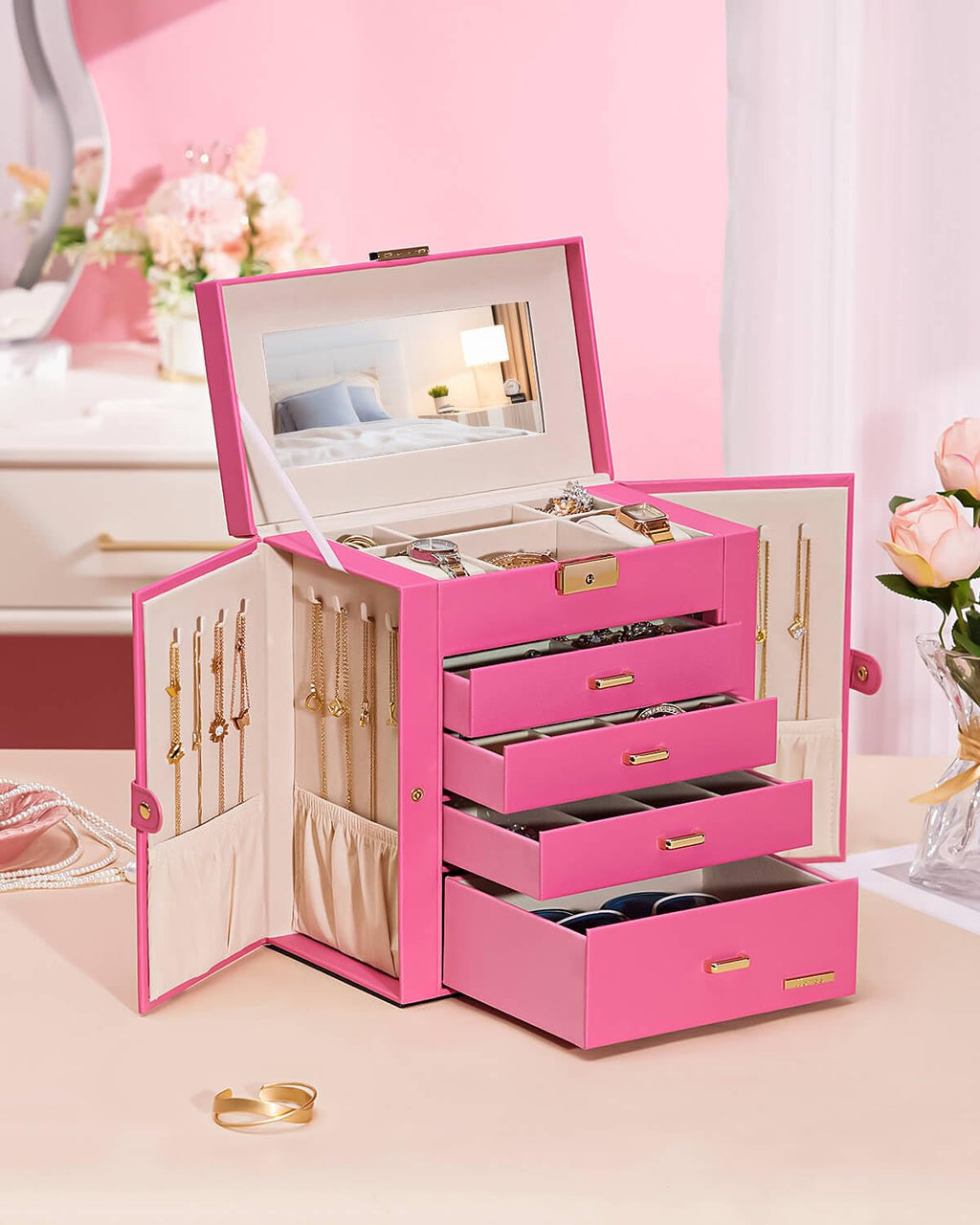 Homde Mothers Day Gifts Synthetic Leather Huge Jewelry Box Mirrored Watch Organizer Necklace Ring Earring Storage Lockable Gift Case (Black + Gold)