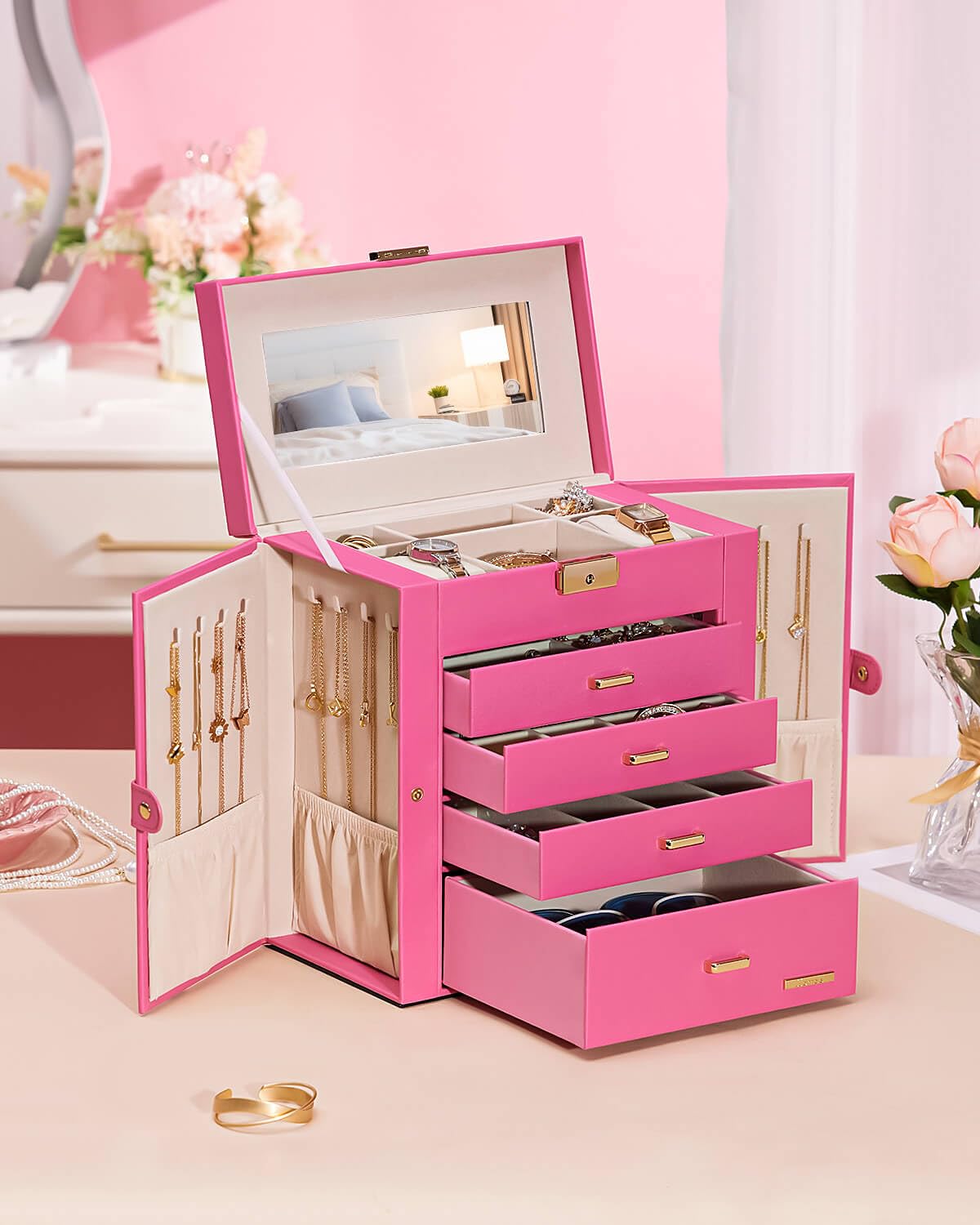 Homde Mothers Day Gifts Synthetic Leather Huge Jewelry Box Mirrored Watch Organizer Necklace Ring Earring Storage Lockable Gift Case (Black + Gold)