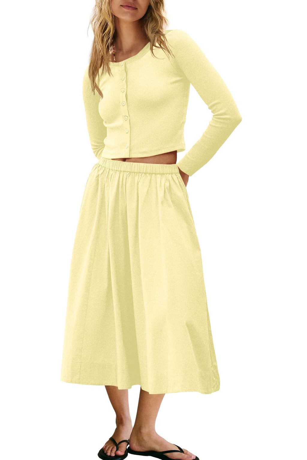 Panadila Womens 2 Piece Lounge Sets Matching Vacation Outfits Ribbed Button Down Cardigan and Elastic Waist Skirt Sets