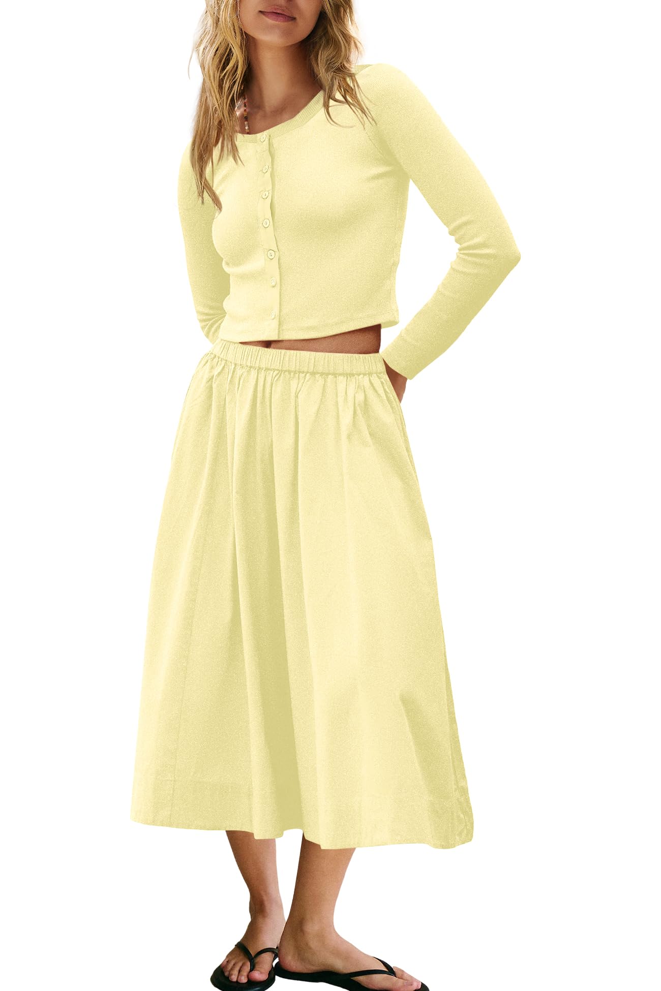 Panadila Womens 2 Piece Lounge Sets Matching Vacation Outfits Ribbed Button Down Cardigan and Elastic Waist Skirt Sets