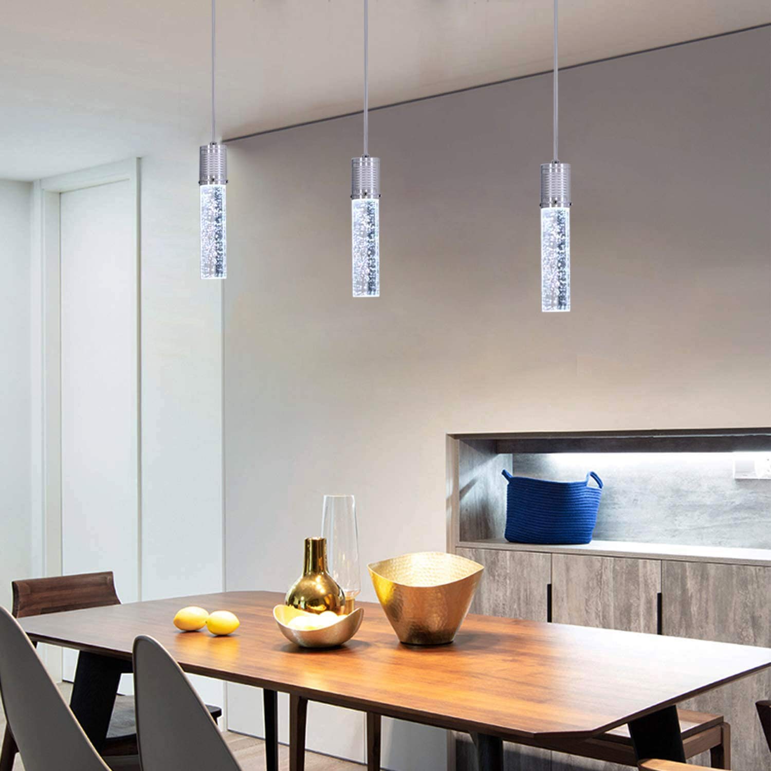 HAIXIANG Modern Kitchen Island Hanging Light Fixtures Crytstal Pendant Lighting for Kitchen Island Chrome Mini Chandelier with 6000K Daylight Bulb