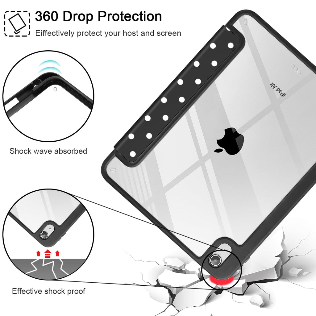 Tuiklol Case for iPad Air 11 Inch M4 2026 / Air 11 Inch M3 2025 / Air 11 Inch M2 2024 / iPad Air 10.9 Inch 2022 2020, Buit in Pencil Holder with Shockproof Cover Clear Transparent Back, Black Flower