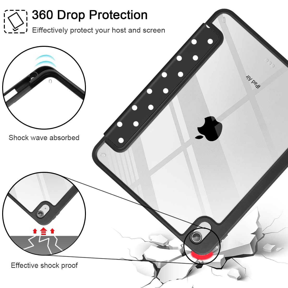 Tuiklol Case for iPad Air 11 Inch M4 2026 / Air 11 Inch M3 2025 / Air 11 Inch M2 2024 / iPad Air 10.9 Inch 2022 2020, Buit in Pencil Holder with Shockproof Cover Clear Transparent Back, Black Flower