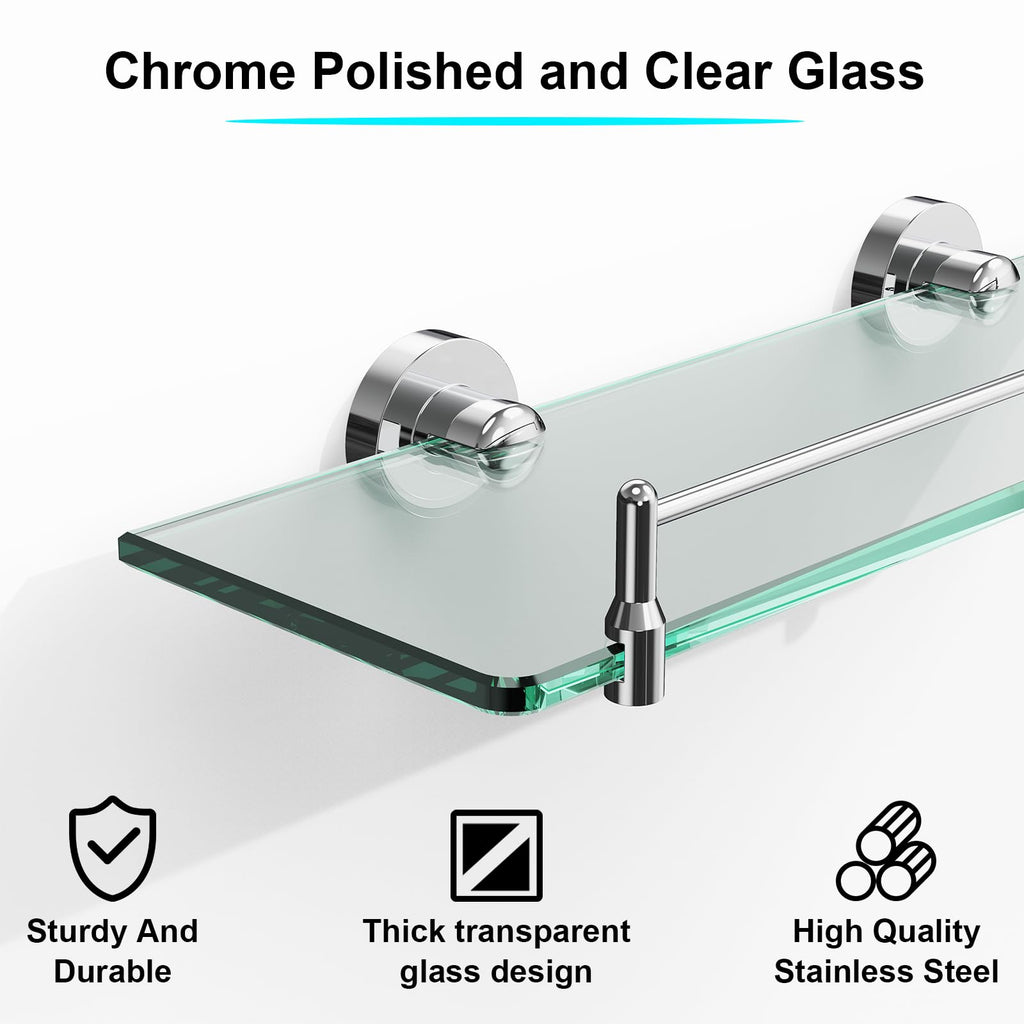 Glass Bathroom Shelves,Brushed Gold Floating Shelves for Wall Rectangular Modern Stainless Steel Glass Shelf for Bathroom Shelves wall Mounted 16 Inch