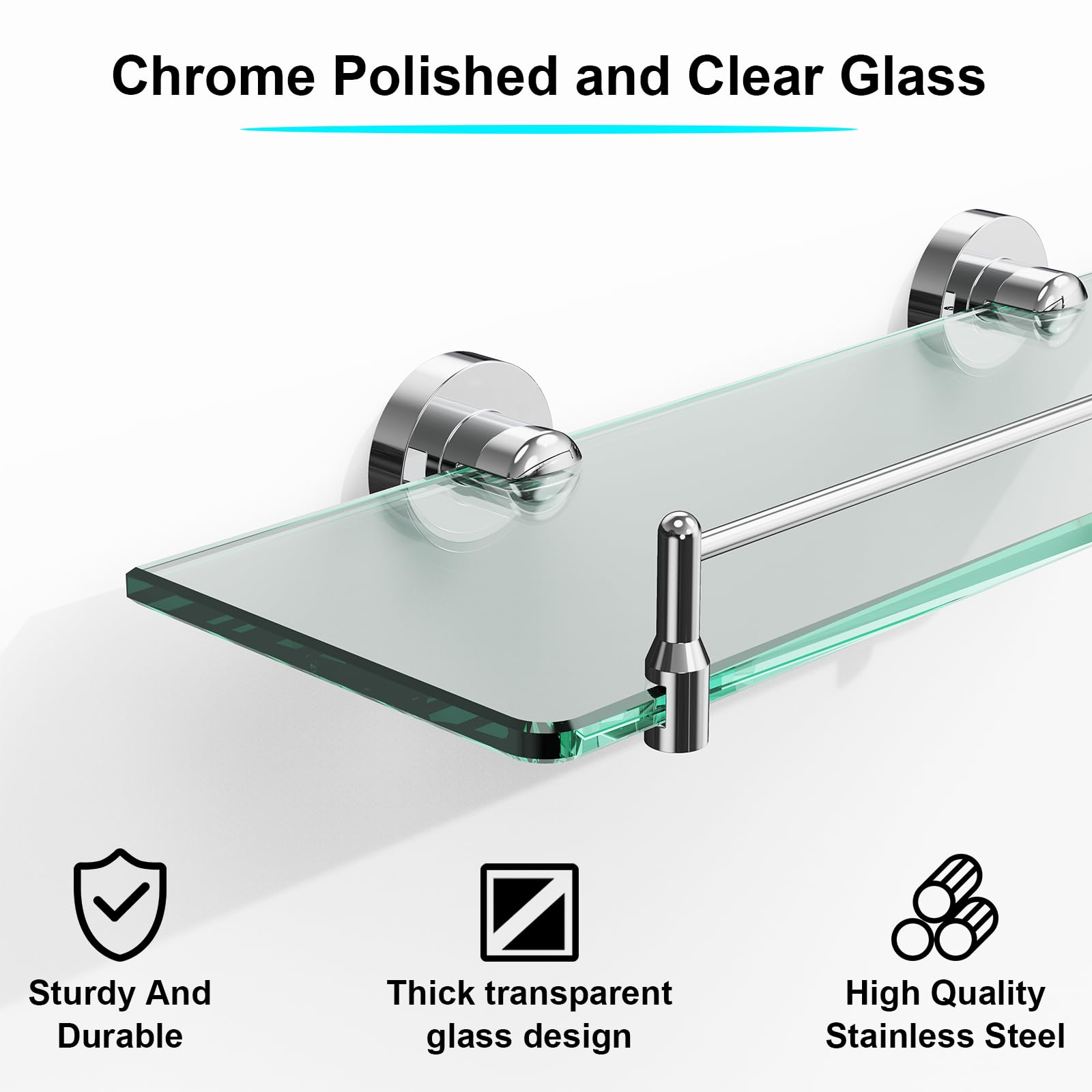 Glass Bathroom Shelves,Brushed Gold Floating Shelves for Wall Rectangular Modern Stainless Steel Glass Shelf for Bathroom Shelves wall Mounted 16 Inch