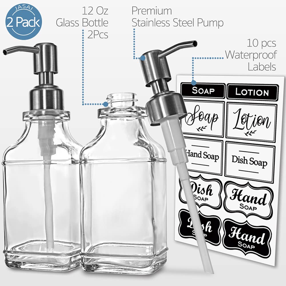 JASAI Antique Design Soap Dispenser with Rust Proof 304 Stainless Steel Pump, Refillable Glass Soap Dispenser with 10Pcs Clear Stickers, Premium Kitchen & Bathroom Soap Dispenser