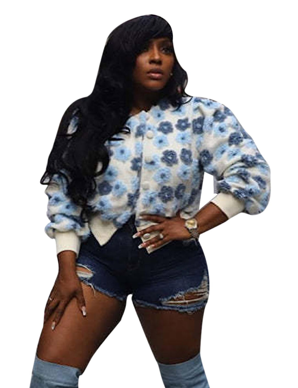 Womens Cropped Floral Print Jacket Warm Fleece Bomber Jacket Casual Button Down Coats Fall Puff Outerwears